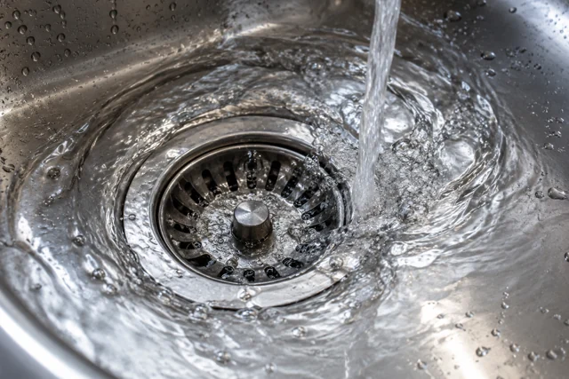 Water swirling into a stainless steel sink drain