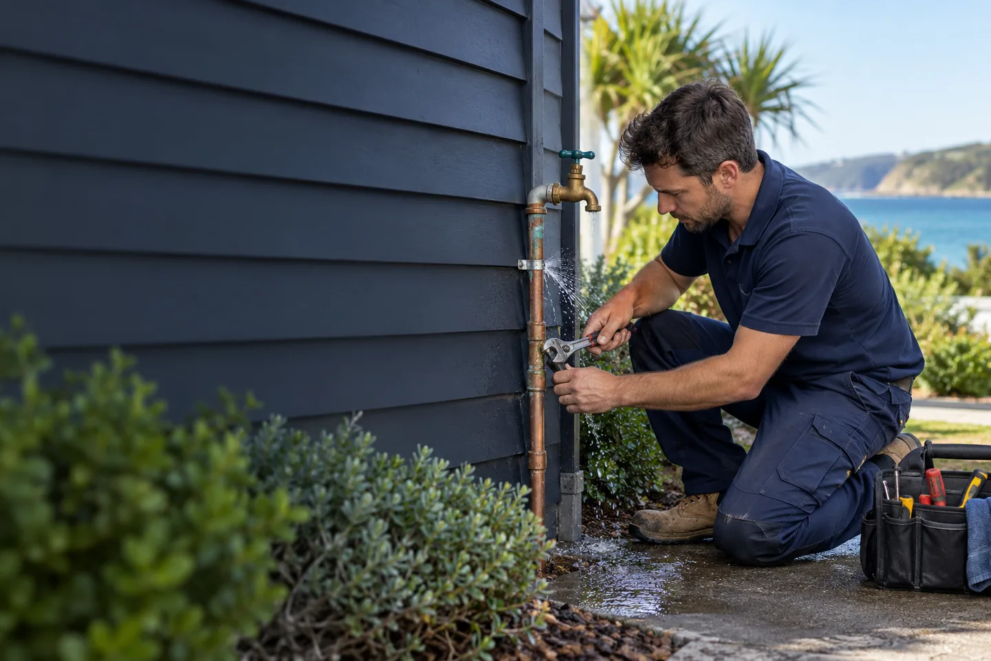 Illustrative plumber assessing a leaking copper water pipe outside a coastal home