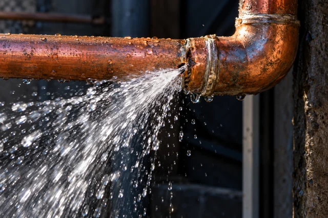 Water spraying from a damaged copper pipe joint