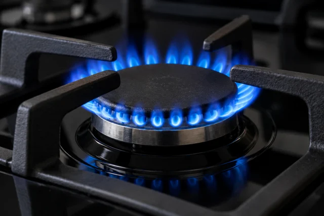 An even ring of blue flames on a domestic gas burner