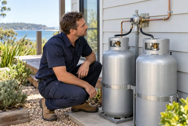 Illustrative gas fitter inspecting an outdoor LPG connection