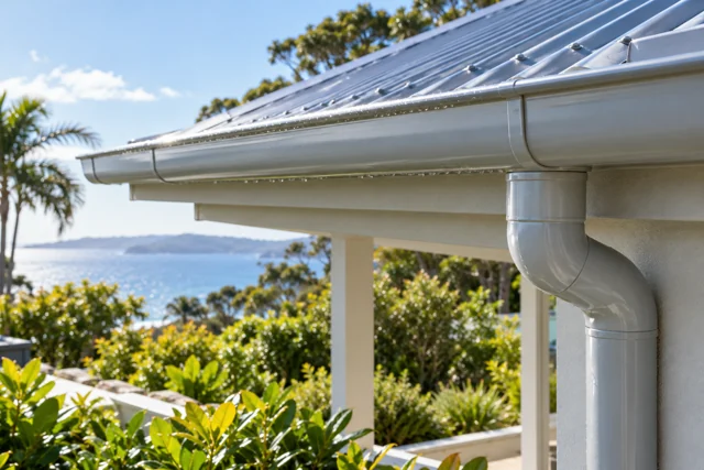 Metal gutter and connected downpipe on a coastal home