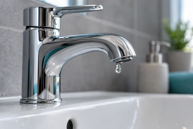 Chrome bathroom tap with a water droplet at the spout